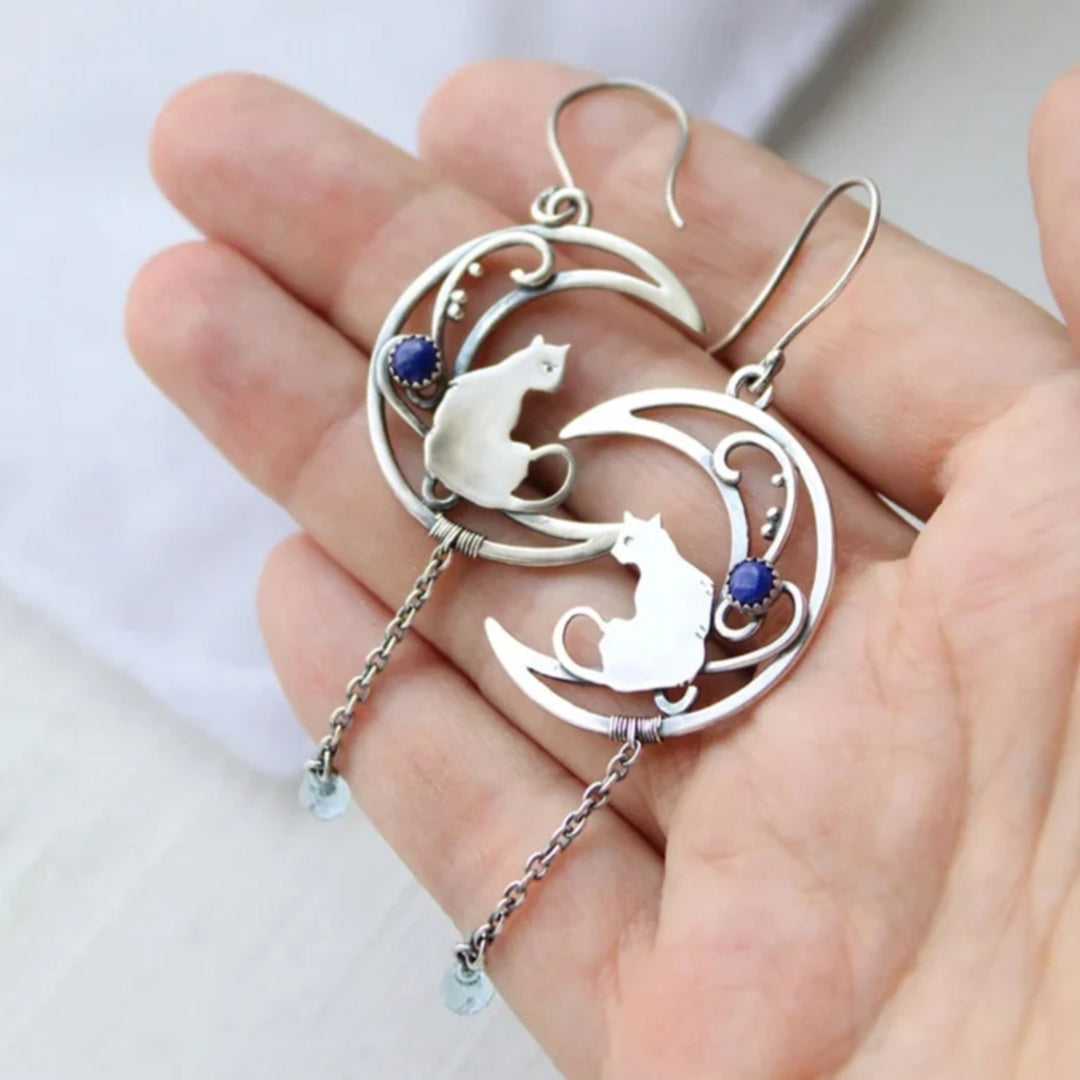 Silver Drop Earrings with Cat and Crescent Moon Motif