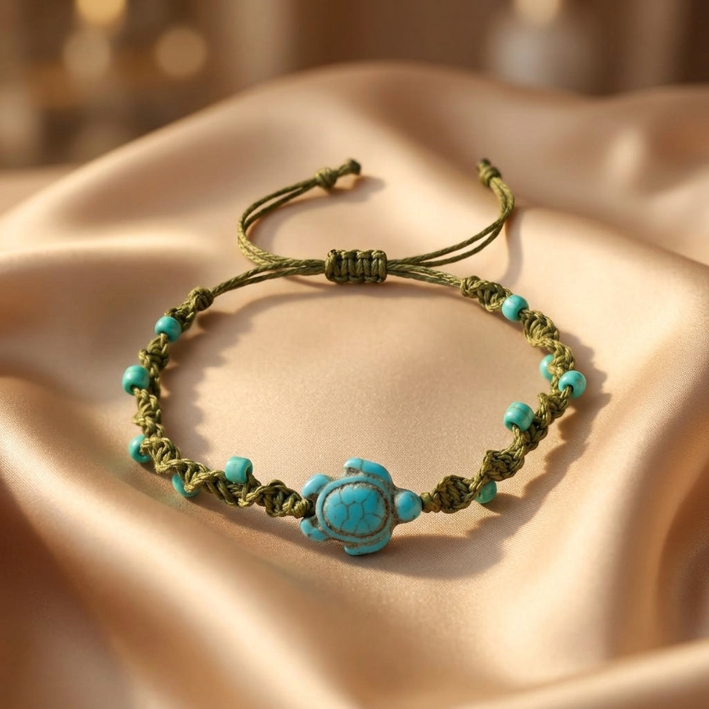 Green Cord Bracelet Fionnuala with Turquoise Turtle