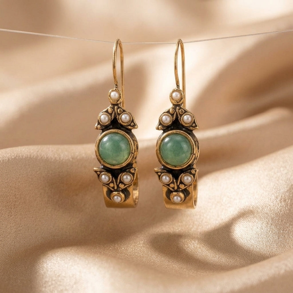 Gold Drop Earrings Gobnait with Green Stone