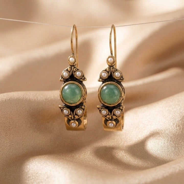 Gold Drop Earrings Gobnait with Green Stone