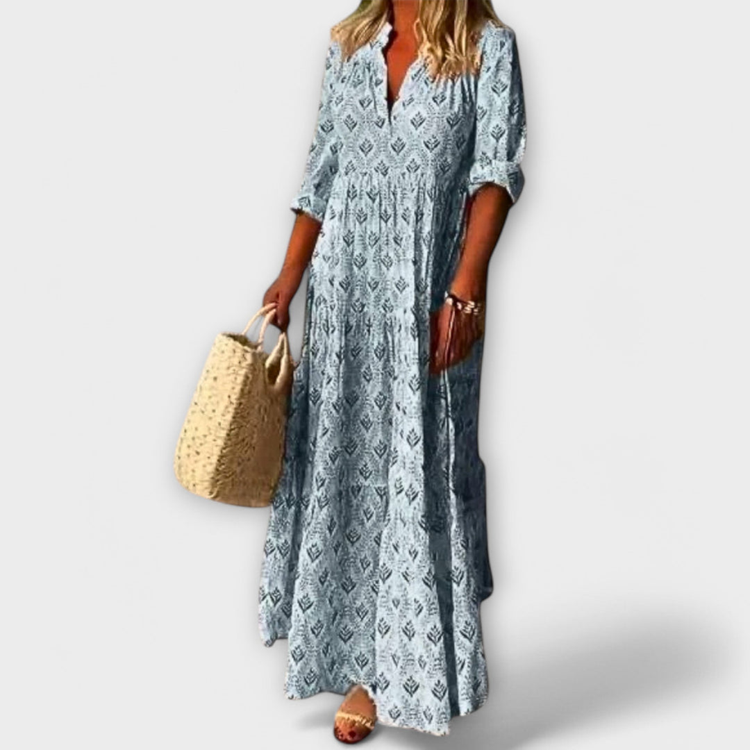 Sera - Cremefarbenes Frühlingsmaxikleid mit Muster