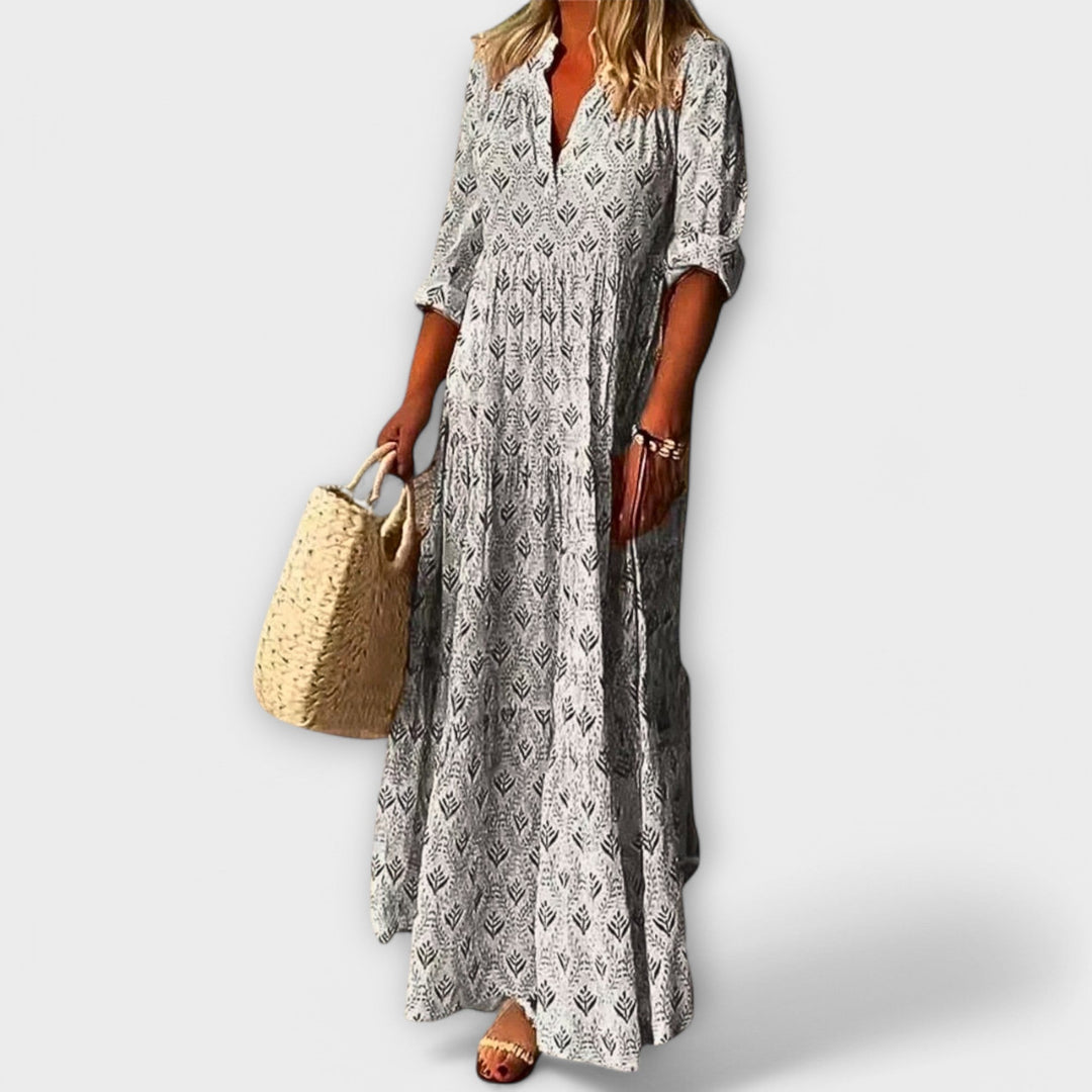 Sera - Cremefarbenes Frühlingsmaxikleid mit Muster