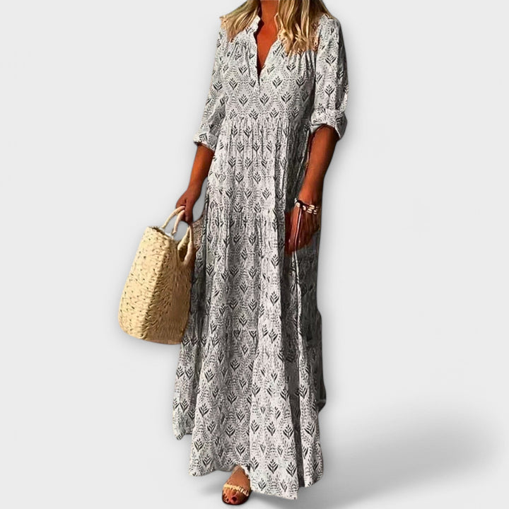 Sera - Cremefarbenes Frühlingsmaxikleid mit Muster