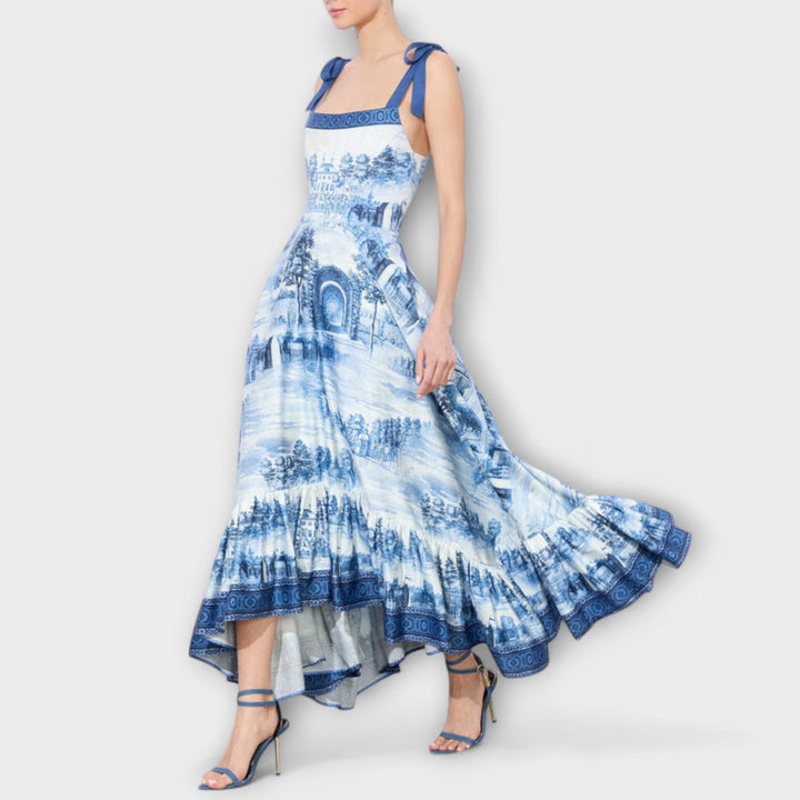 Lucia - Blau-weisses Maxikleid mit Tie-Dye