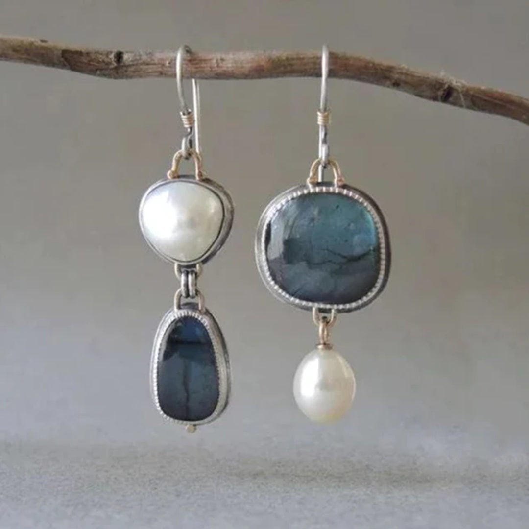Gold & Silver Drop Earrings with Blue Stones and Pearls
