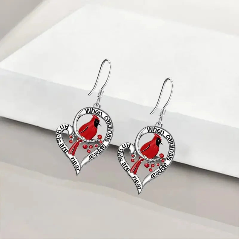 Silver Drop Earrings Gobnait with Cardinal Bird
