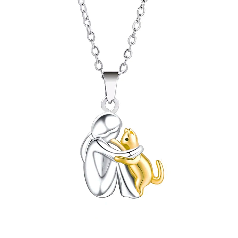 Gold & Silver Necklace Sorcha with Cat Hug
