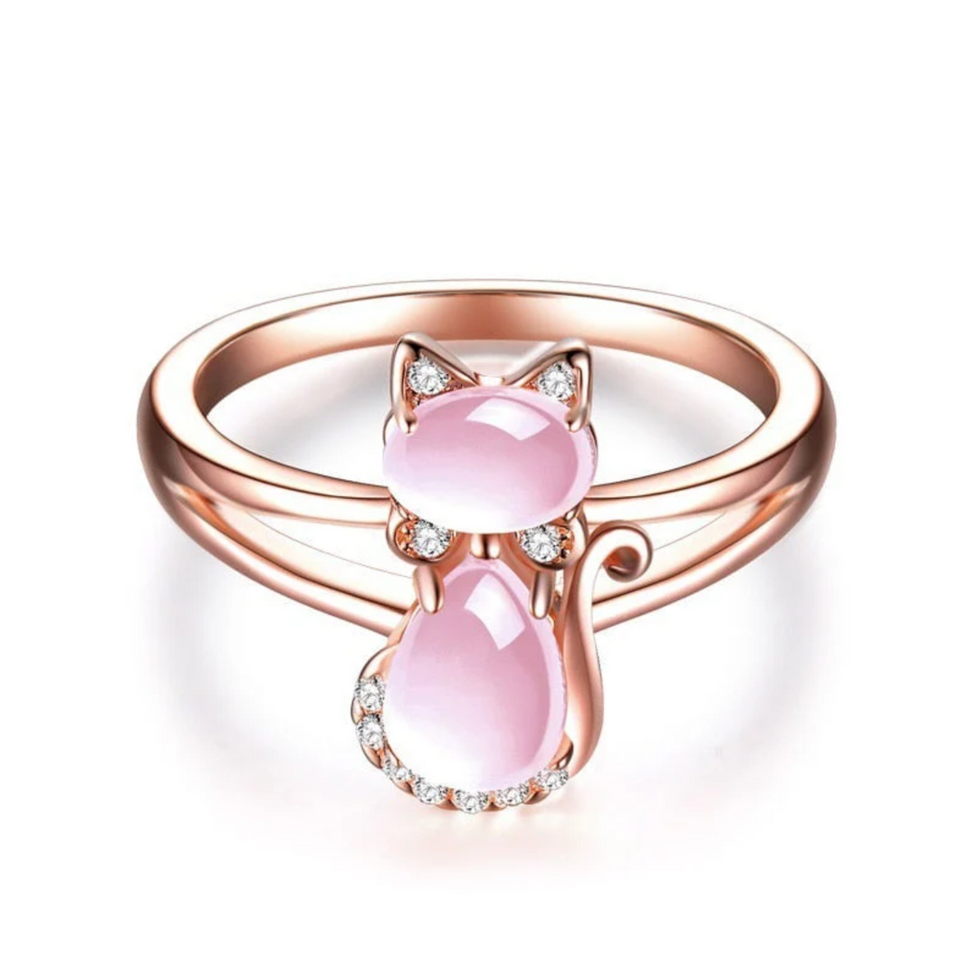 Rose Gold Ring Muirne with Pink Cat Motif