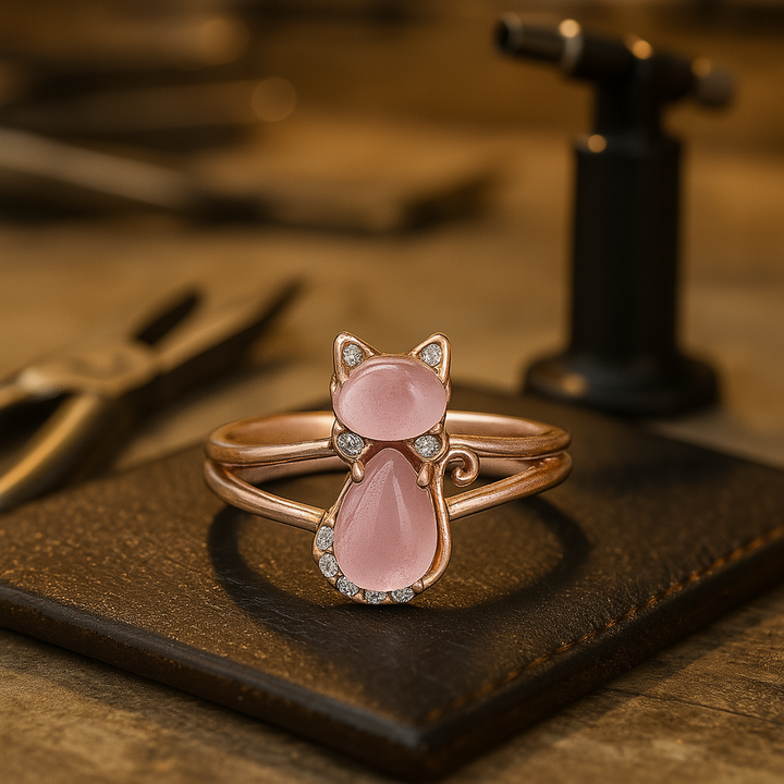 Rose Gold Ring Muirne with Pink Cat Motif