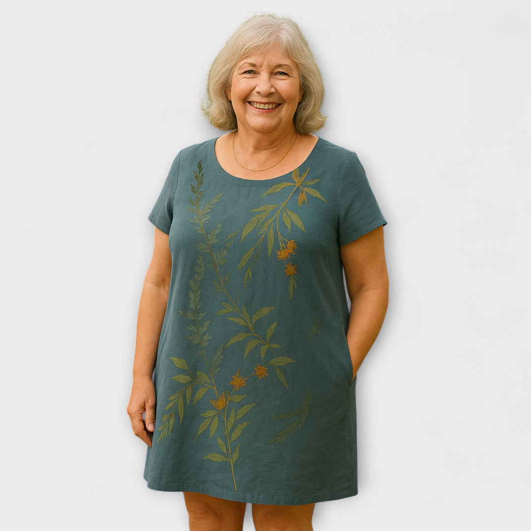 Willow - Graublaues Sommerkleid mit Blättermuster
