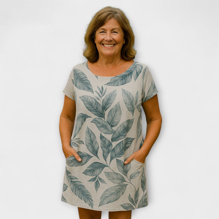Willow - Graublaues Sommerkleid mit Blättermuster