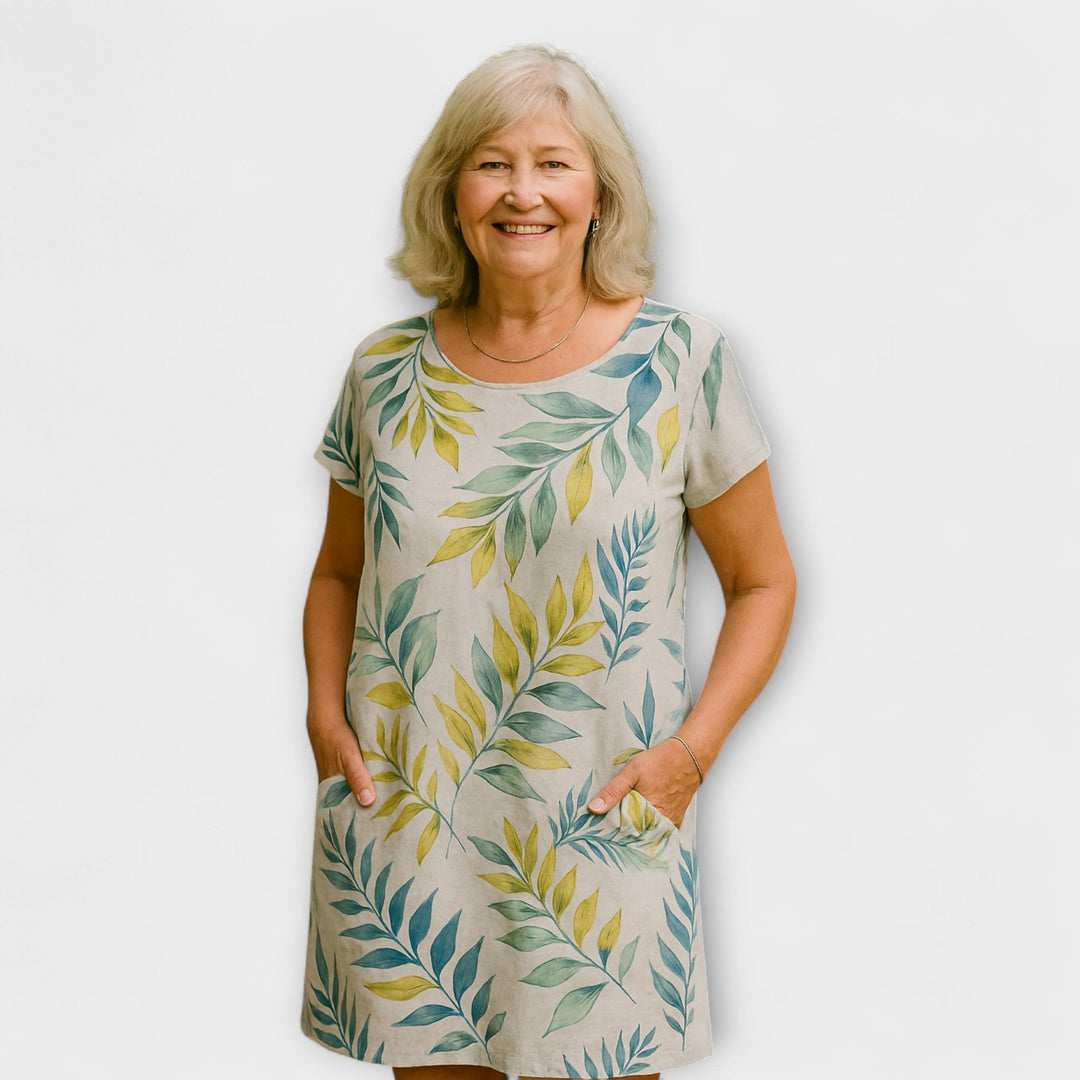 Willow - Graublaues Sommerkleid mit Blättermuster
