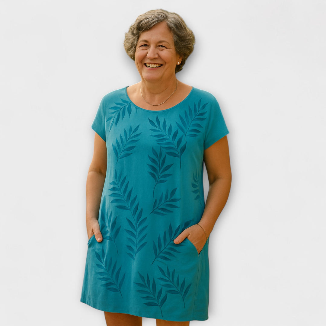 Willow - Graublaues Sommerkleid mit Blättermuster