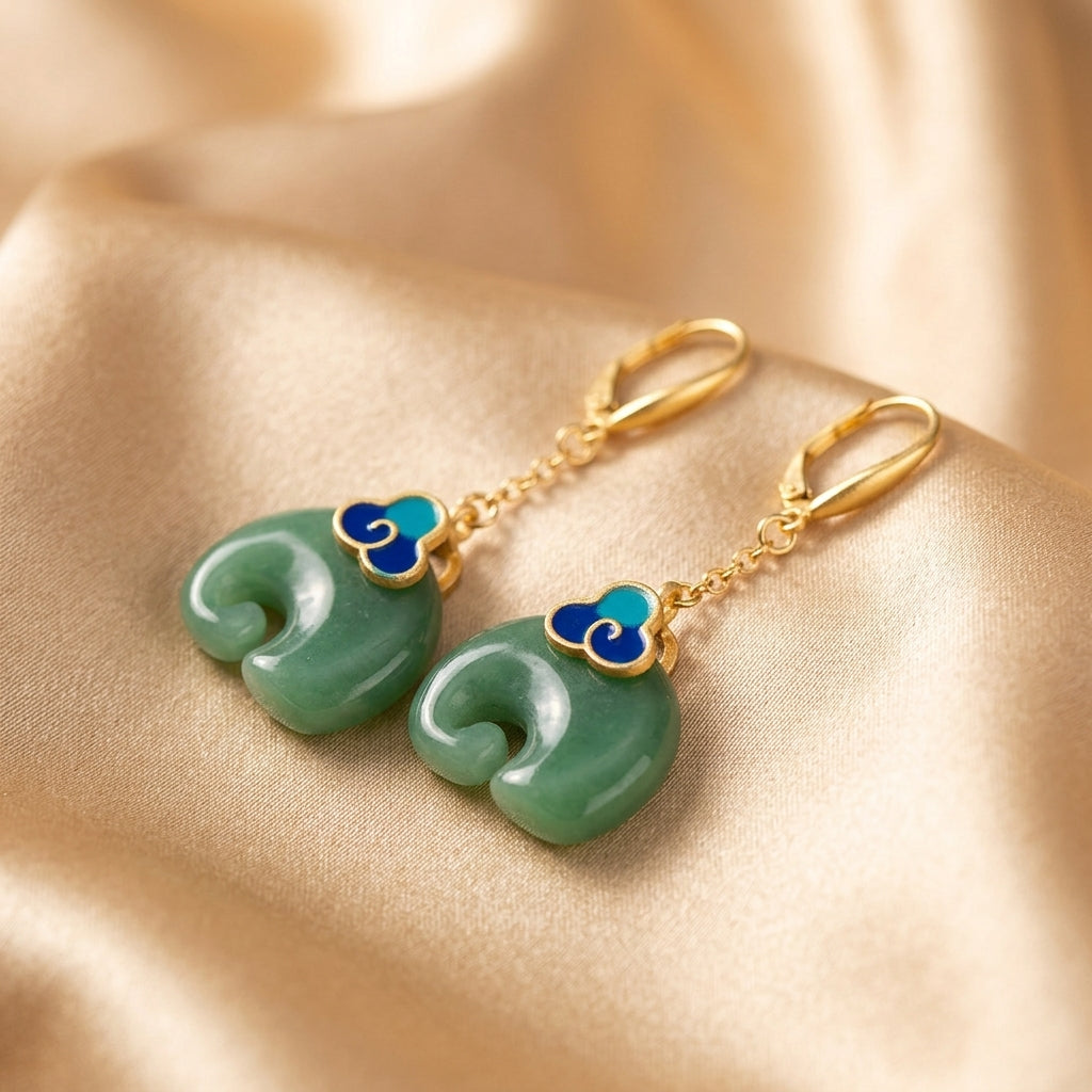 Gold Drop Earrings Clifden with Green Elephant
