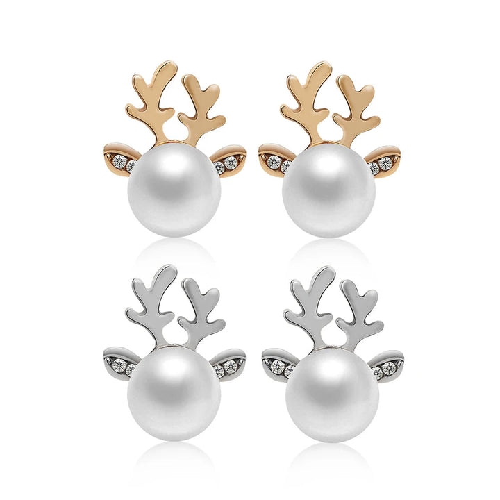 Gold Stud Earrings Neasa with Pearl Reindeer