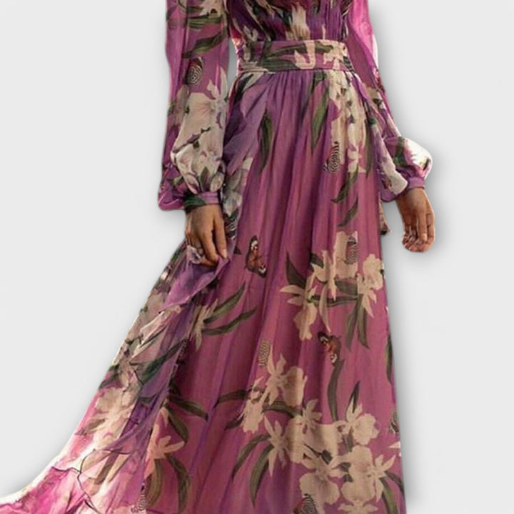 Hochwertiges lila Maxikleid mit Blütenmuster