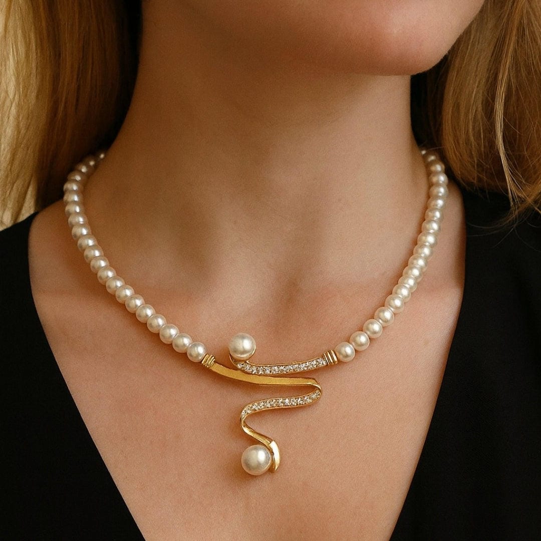 Gold Drop Earrings with Pearl and Serpentine Swirl