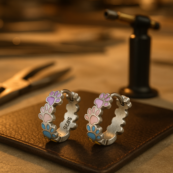 Silver Huggie Earrings Emer with Paw Prints