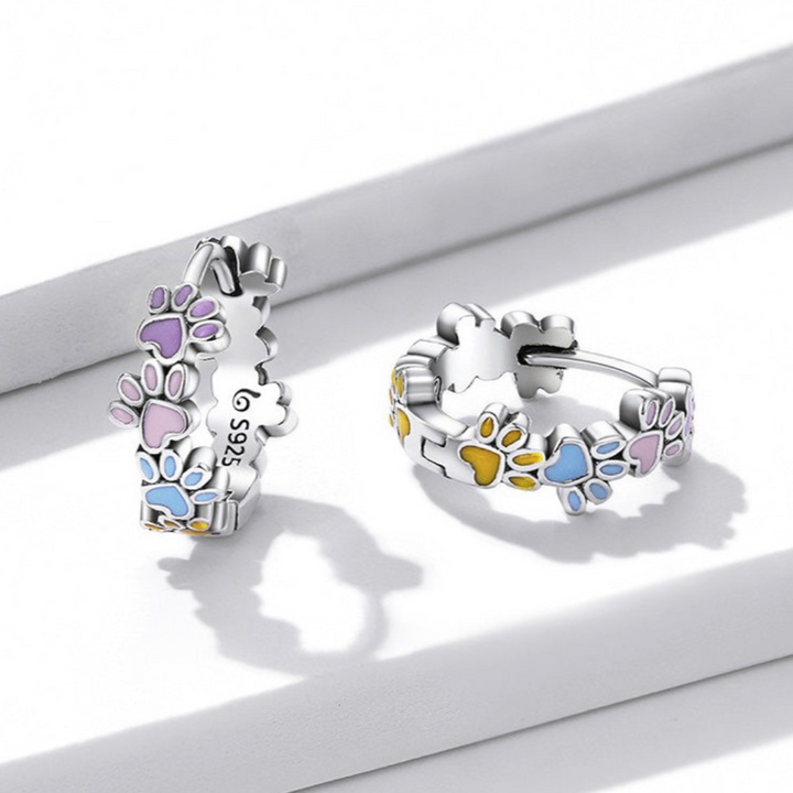Silver Huggie Earrings Emer with Paw Prints