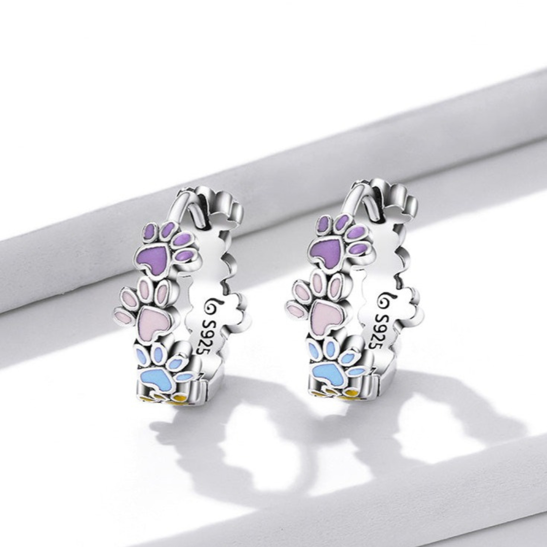Silver Huggie Earrings Emer with Paw Prints