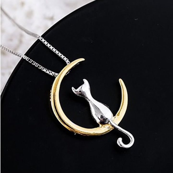 Gold & Silver Necklace with Cat and Crescent Moon