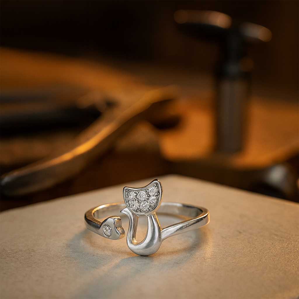 Silver Cat Open Ring Íde with Zirconia