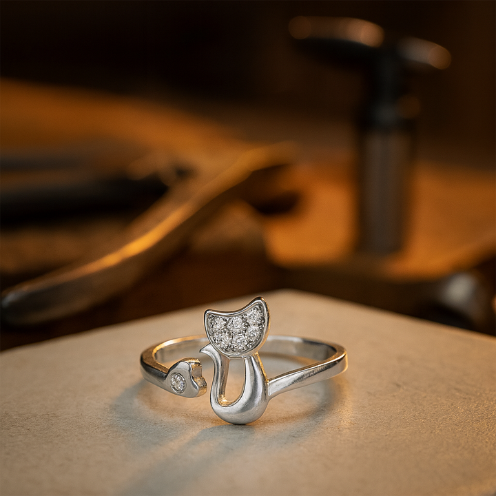 Silver Cat Open Ring Íde with Zirconia