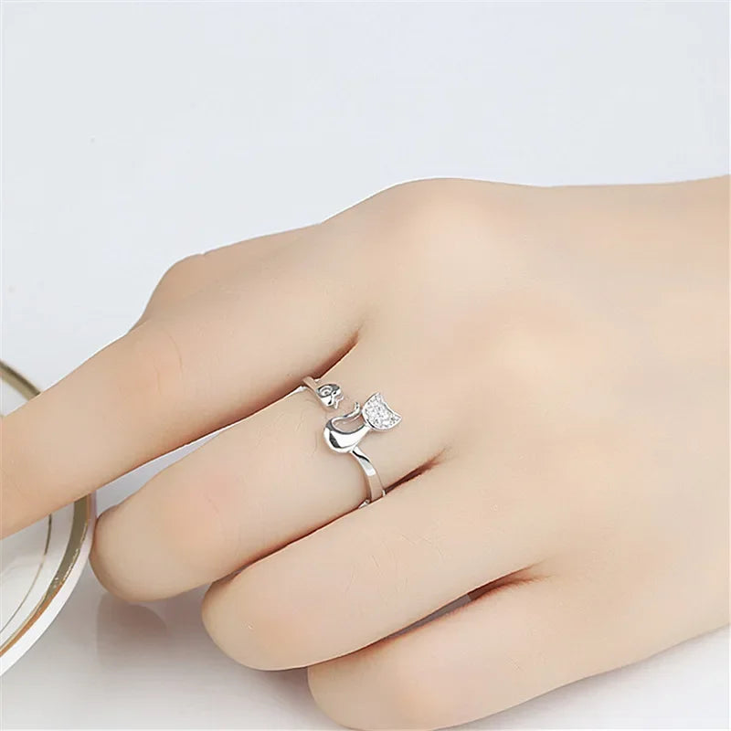 Silver Cat Open Ring Íde with Zirconia