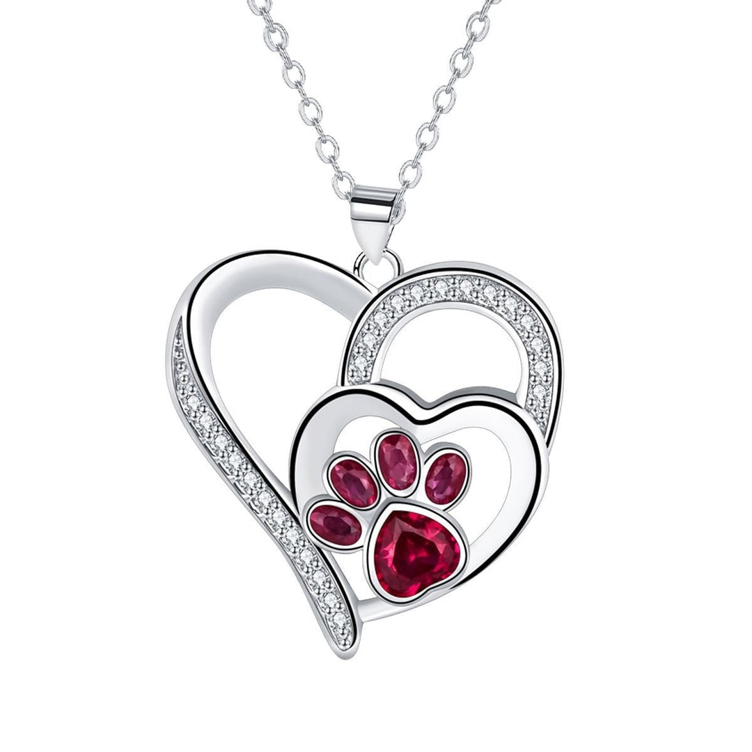 Silver Necklace Fionnuala with Ruby Paw Print Heart