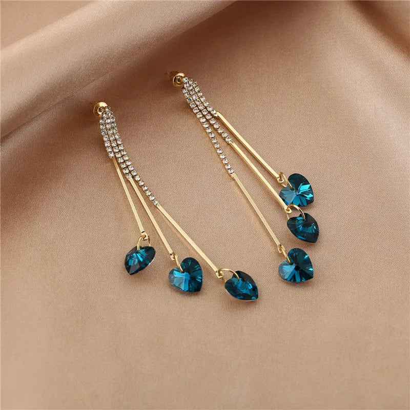 Gold Drop Earrings Darina with Blue Crystal Hearts
