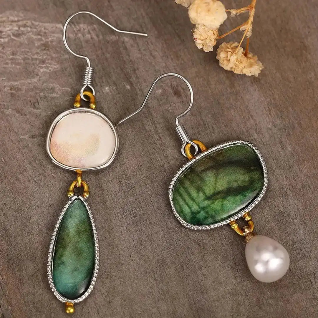 Silver Drop Earrings Ciara with Green Stone and Pearl