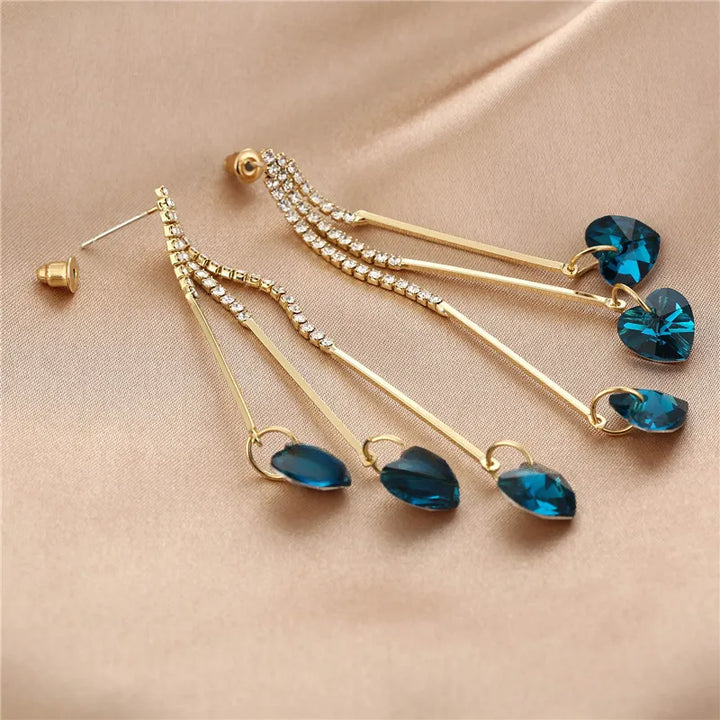 Gold Drop Earrings Darina with Blue Crystal Hearts