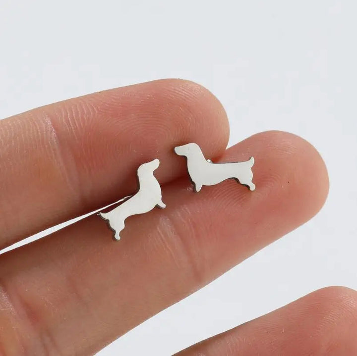 Silver Stud Earrings Muirne with Dachshund Motif
