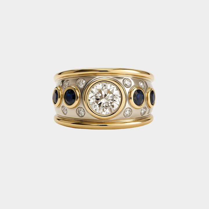 Gold & Silver Band Ring with Sapphires & Zirconia