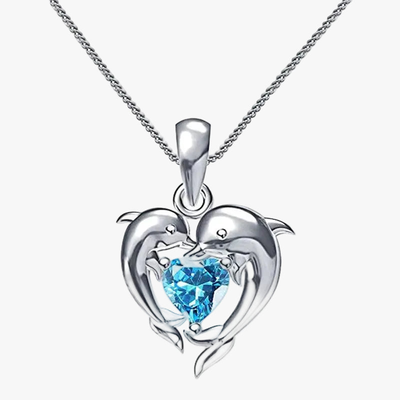Silver Necklace Sorcha with Dolphins and Blue Heart