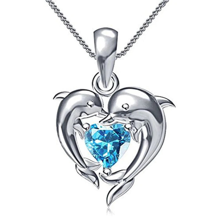 Silver Necklace Muirne with Dolphins and Blue Heart
