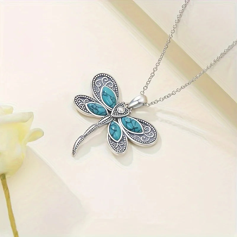 Silver Necklace Cara with Turquoise Dragonfly