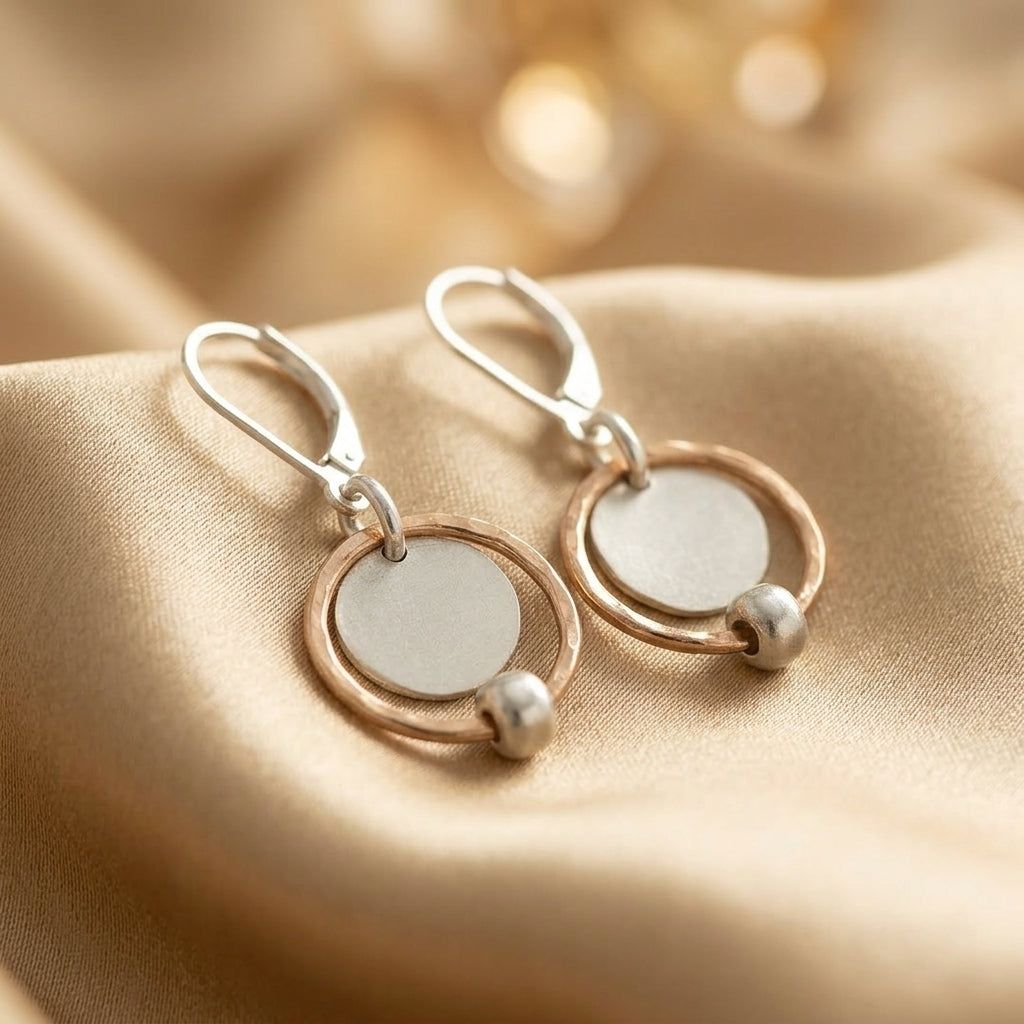 Rose Gold & Silver Drop Earrings with Hammered Disc