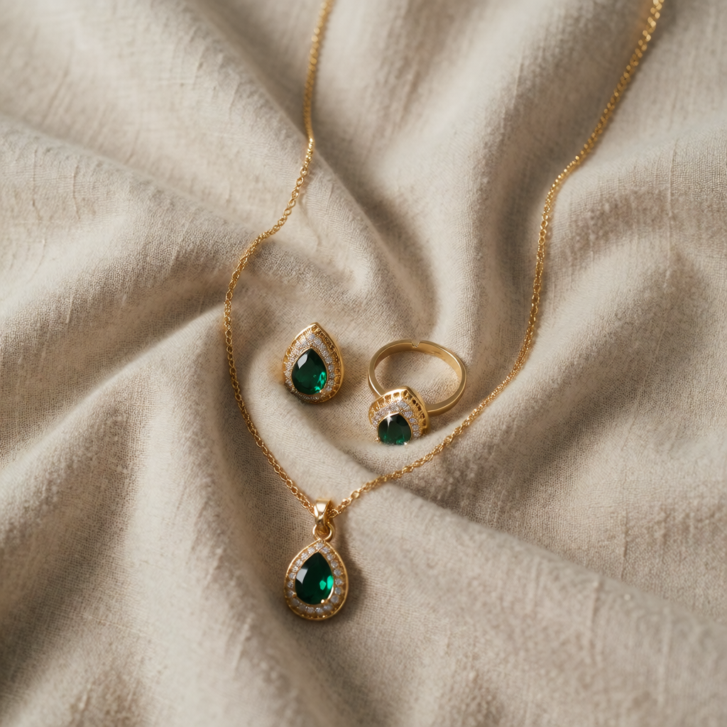 Gold Necklace Set Deirdre with Emerald Drop