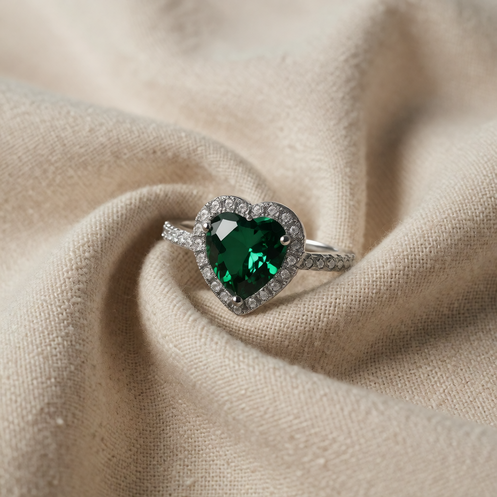 Silver Ring Sinéad with Emerald Heart & Crystal Halo
