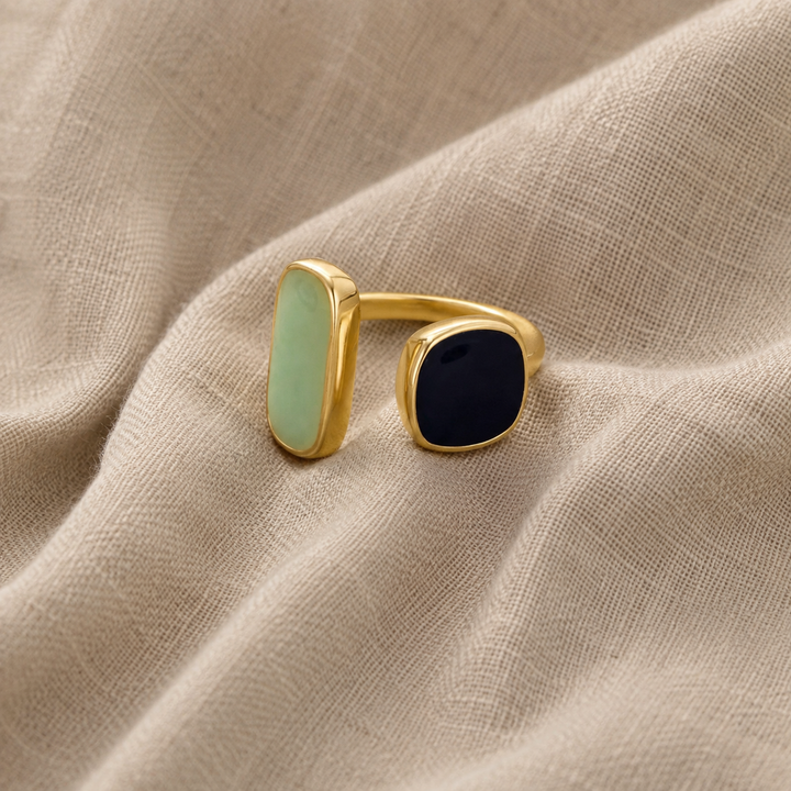 Gold Open Ring Clíodhna with Green Jade and Black Onyx