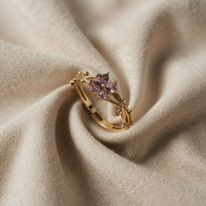Gold Adjustable Ring Ciara with Amethyst Floral Motif