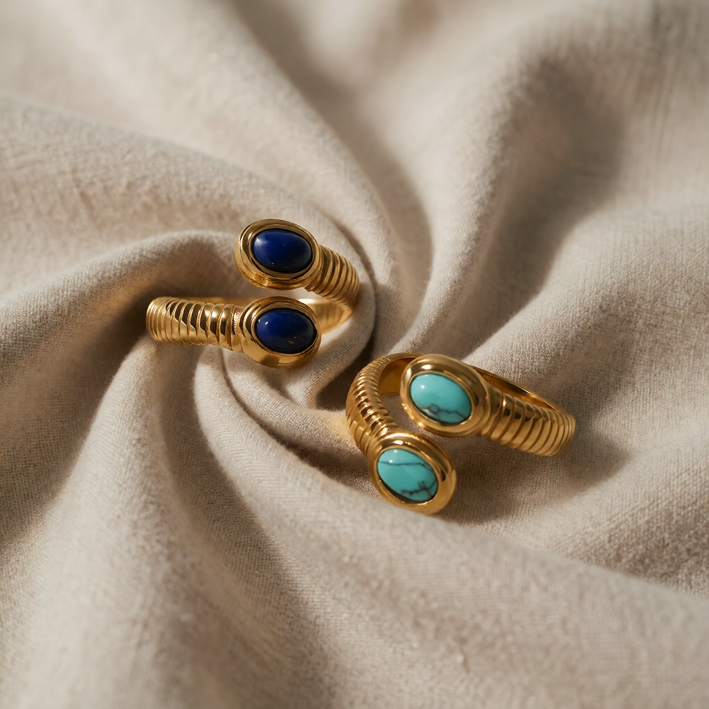Gold Adjustable Ring with Lapis Lazuli and Turquoise