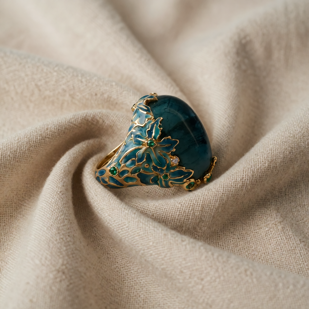 Gold Statement Ring with Blue Stone and Enamel Flowers