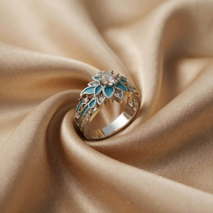 Gold & Silver Ring Dervla with Turquoise Floral Motif