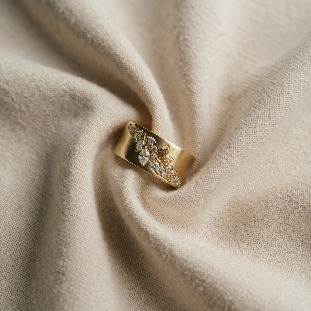 Gold Ring Áine with Zirconia Leaf Motif