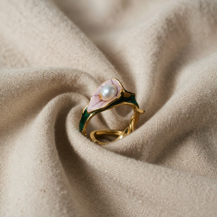 Gold Adjustable Open Ring with Pearl & Lily Motif
