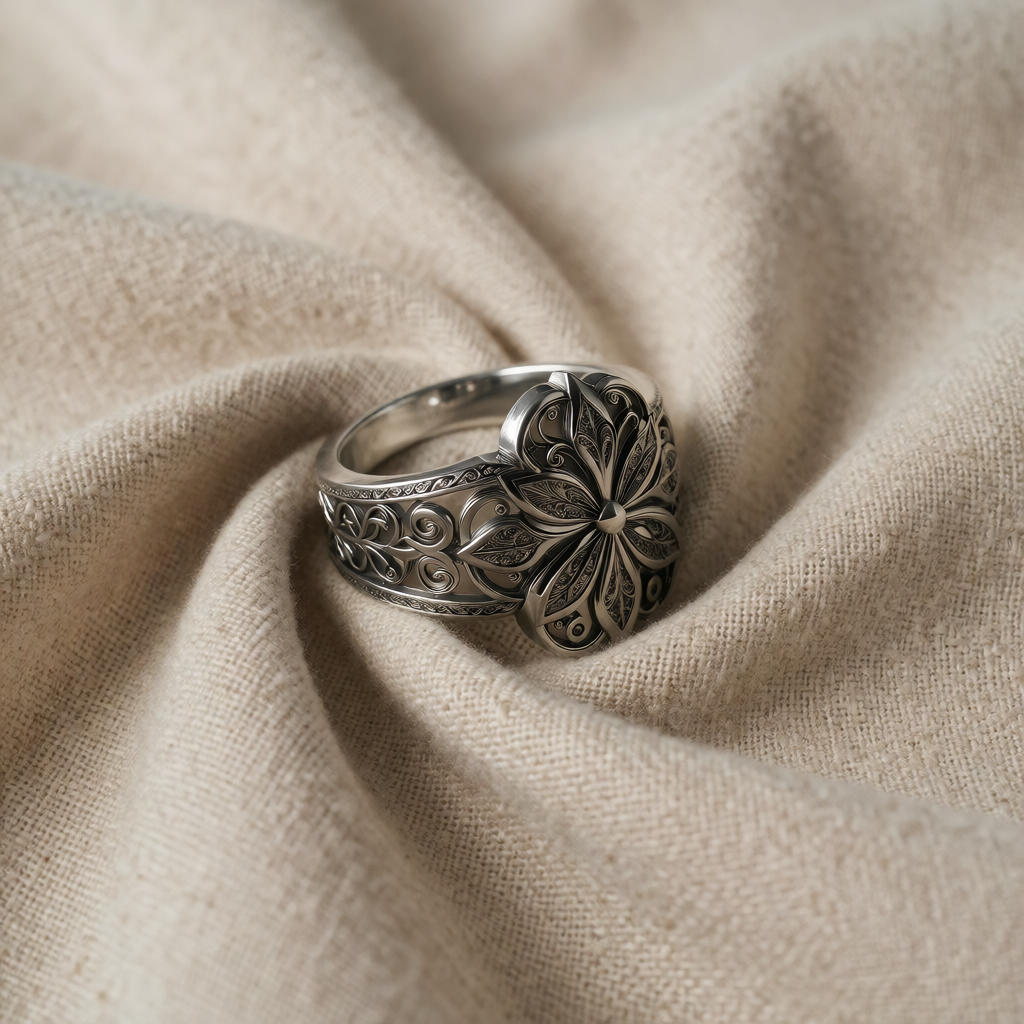 Silver Ring Muirne with Floral Motif