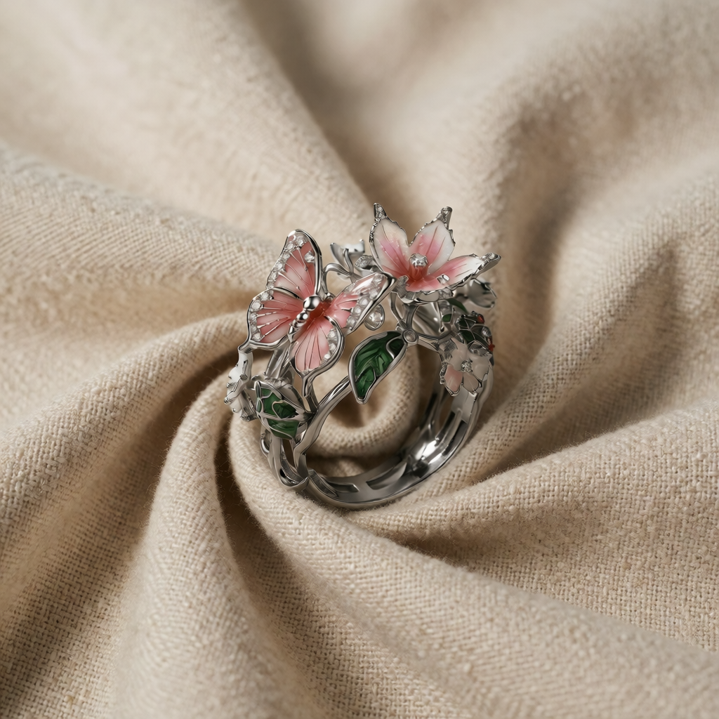 Silver Adjustable Ring with Butterfly & Floral Motif