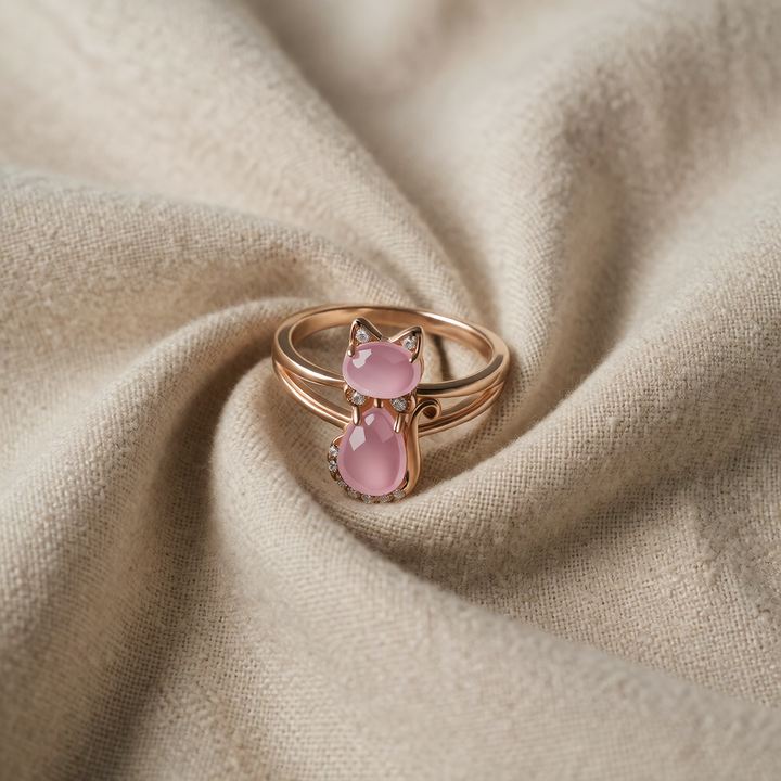 Rose Gold Ring Muirne with Pink Cat Motif